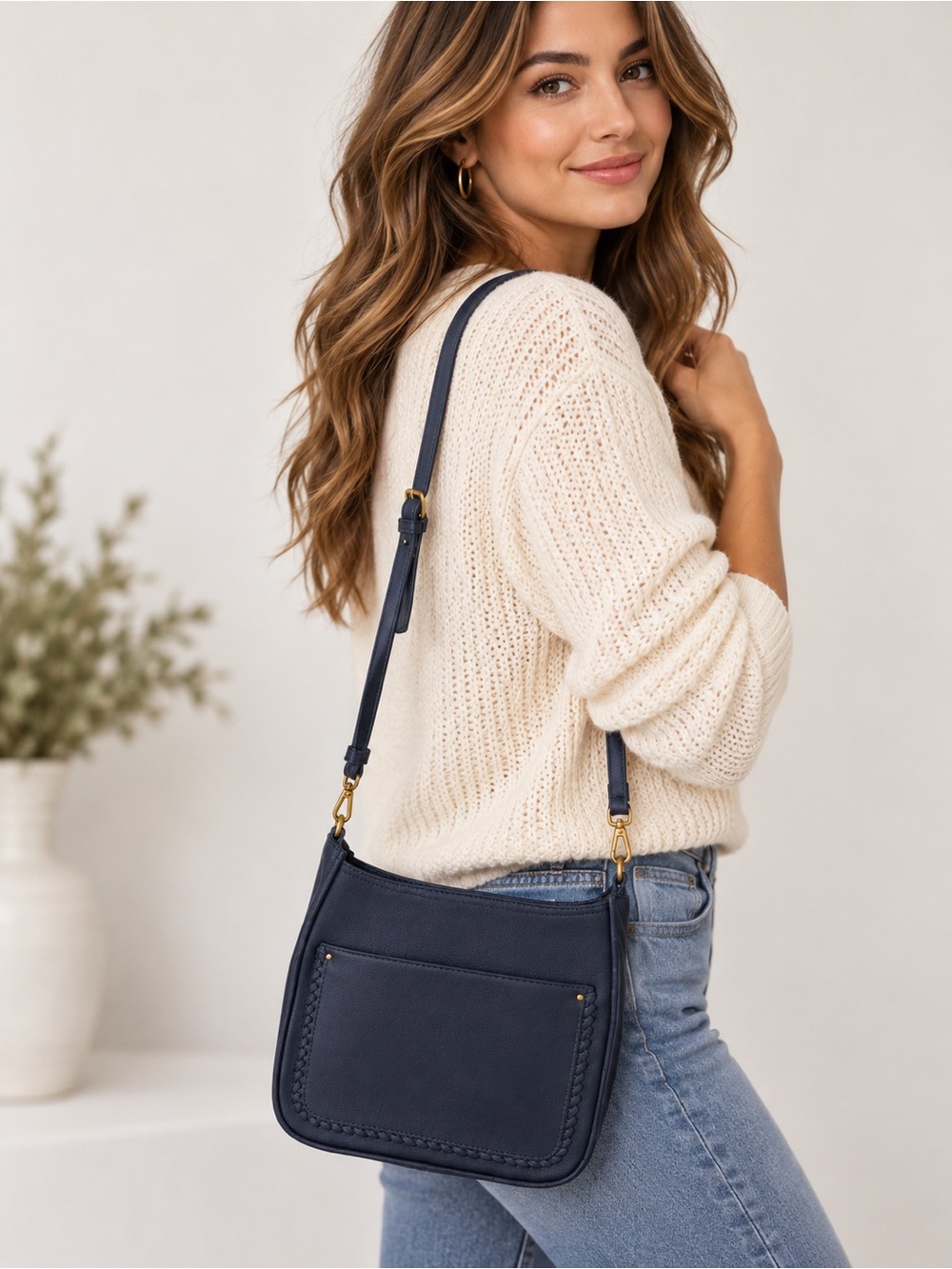 EUC Style & Co Navy Whipstitch Crossbody Bag Adjustable Strap